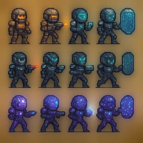 Detailed Square Pixel-art Graphic Showcasing a Futuristic Explorer Character