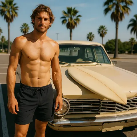 Shirtless Man Stands Next to a Vintage Beige Valiant Car