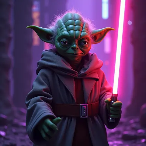 Neonpunk Yoda Poised Ready for Battle