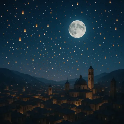 Countless Tiny Lanterns Drift Upwards into the Twilight Sky