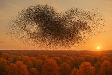 Dense Flock of Countless Starlings Creates