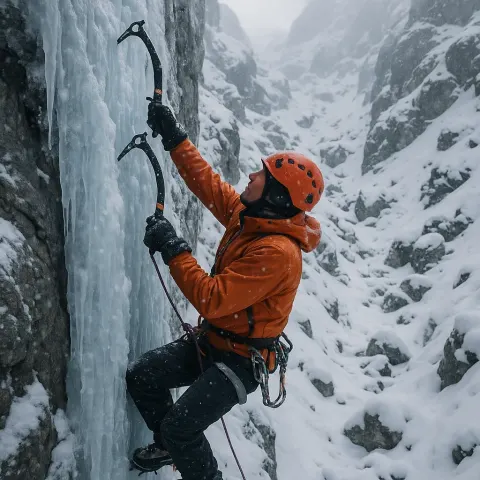 Climber Ascends an Icy Vertical Rock Face Surrounded by Snow