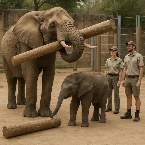 Adult Elephant Lifting a Wooden Beam with its Trunk