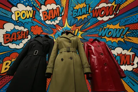 Three Distinct Trench Coats Command the Scene Against a Vibrant