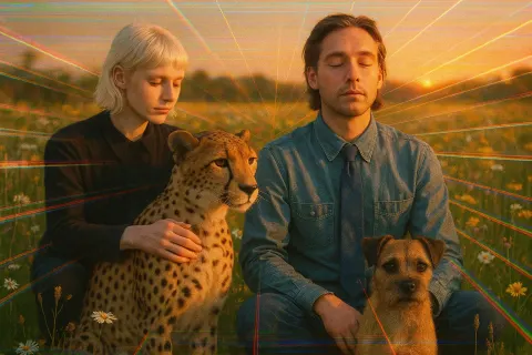 Platinum-blonde Figure Gently Touches a Cheetah
