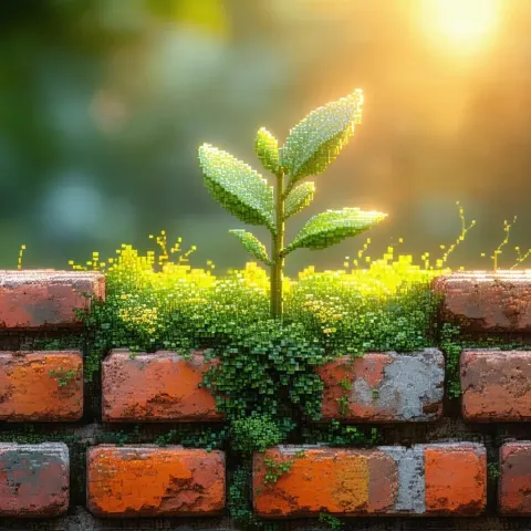 Pixel Plant Sprouting From a Brick Wall