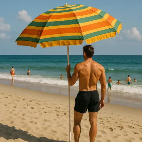 Shirtless Man in Black Shorts Stands on a Beach