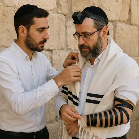 Man Helps Another Man Adjust a Traditional Jewish Prayer Shawl