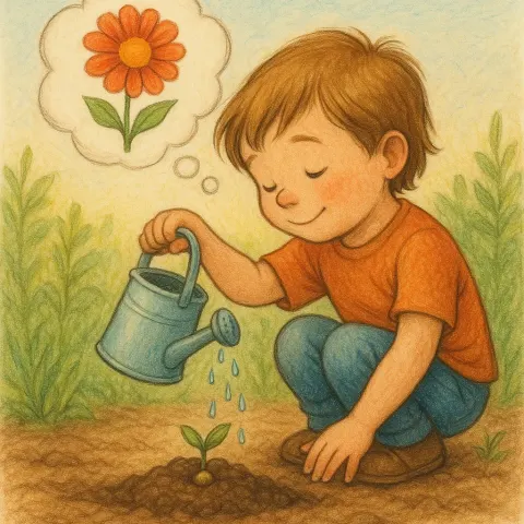 Young Boy or Girl Carefully Pours Water