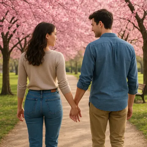 Pair Strolls Beneath Blossoming Cherry Trees in a Park