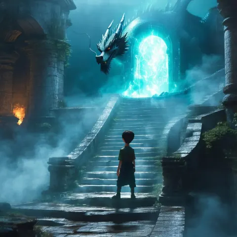 Boy Meets Luminous Dragon on Ancient Stairs