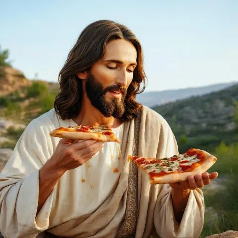 Jesus Christ Enjoying Pizza in Natural Light