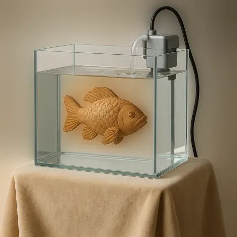 Clear Aquarium and a Shiny Silver Water Pump Together Form