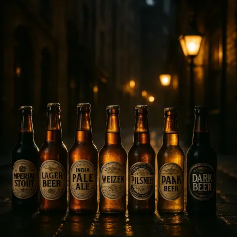 Seven Varied Beer Bottles Gleam with Intense