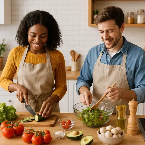 Two People Preparing Food in a Kitchen with Various Ingredients