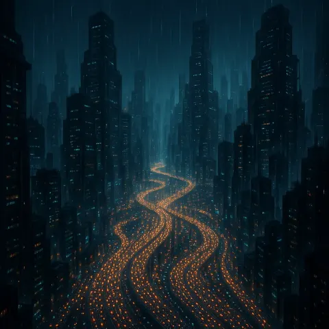Myriad Tiny Vehicles Stream Like Glowing Rivers Through a Colossal