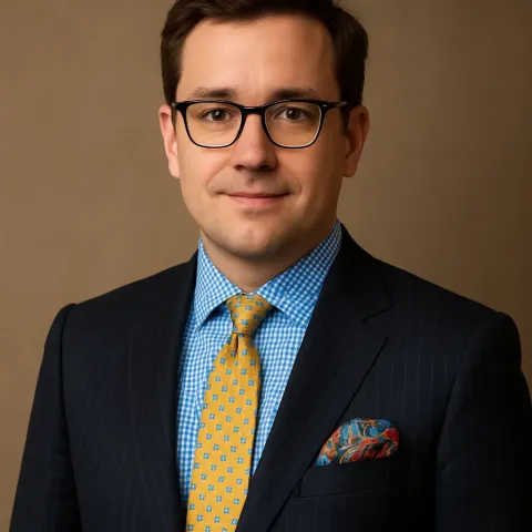 Man Wearing a Dark Pinstripe Suit