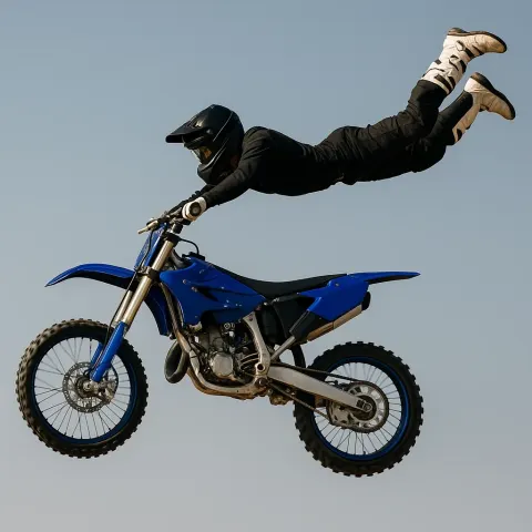 Motorcyclist Performing an Aerial Stunt Mid-air on a Blue Dirt