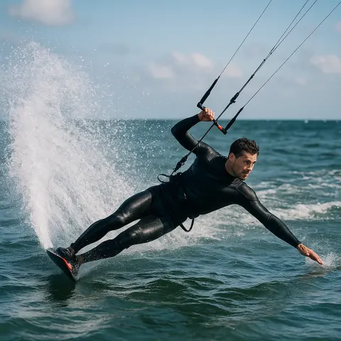 Person Wearing Black Wetsuit Is Kiteboarding on Water