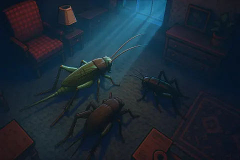 Trio of Crickets—the First a Vibrant Greenish Hue with Antennae
