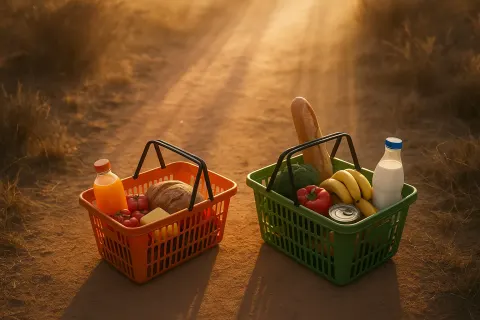 Two Varied Shopping Baskets on a Dusty Savanna Path