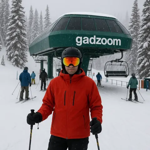 Skier Stands in Front of a Snow-covered Ski Lift