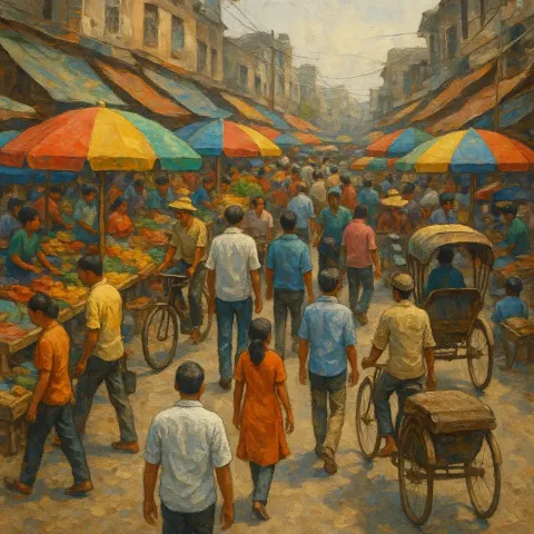 Bustling Street Market with Vendors under Colorful Umbrellas