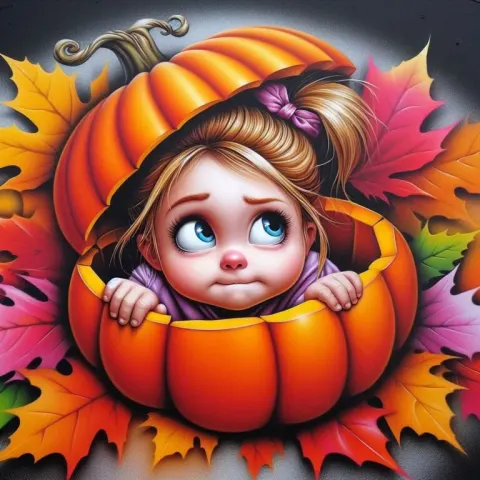Little Girl Mischief in Pumpkin Art