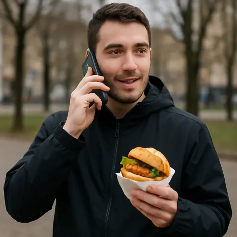 Person Wearing a Black Jacket Stands Outdoors Holding Food