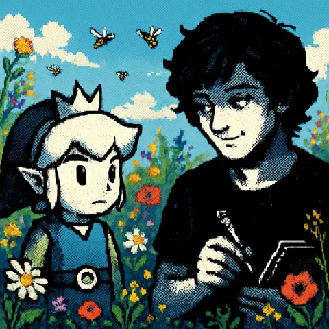 Diminutive Crowned Teen Legend Meets a Coyly Glancing Pixel-art Artist