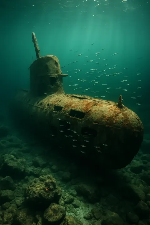 Old Submarine Lies Still on the Uneven Ocean Floor