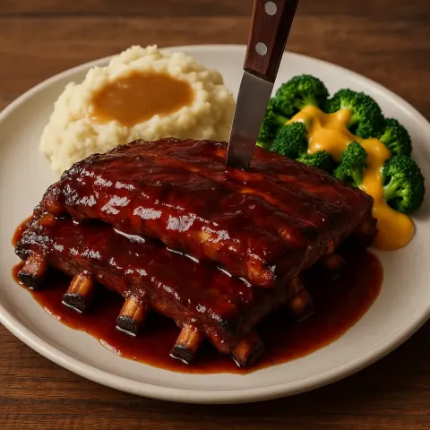 Plate with Barbecue Ribs Topped with a Knife