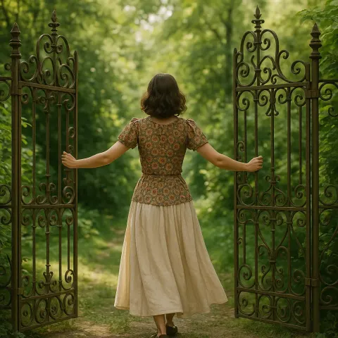 Woman Wearing a Patterned Blouse and Flowing Skirt Stands