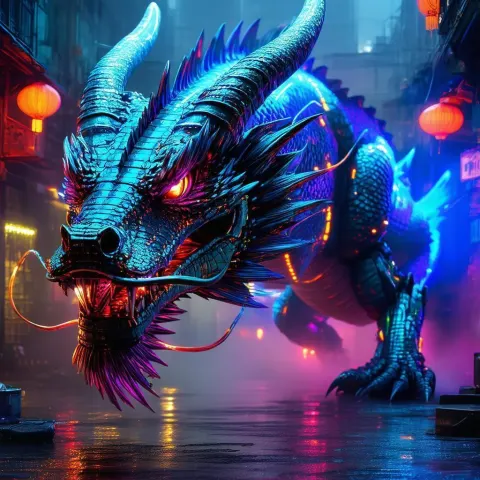 Neon Dragon Fish Looming Over Dystopian City