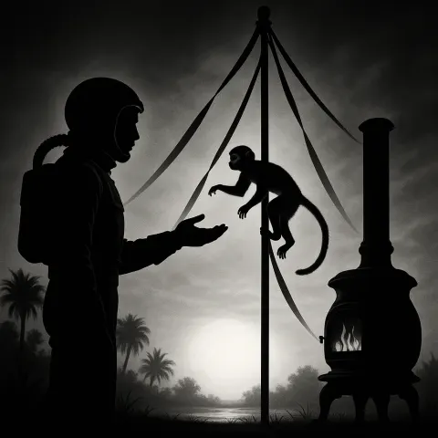 Surreal Figure in a Retro Tech Jumpsuit Extends a Hand