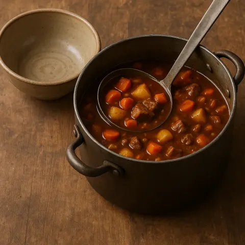 Metal-handled Ladle Sitting in a Pot Filled with Thick Stew
