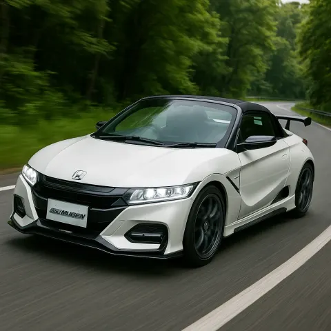 White Mugen S660 Sports Car Speeding on a Curving Road