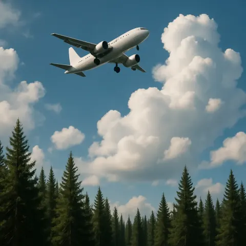 Plane Gliding Through the Sky over a Woodland