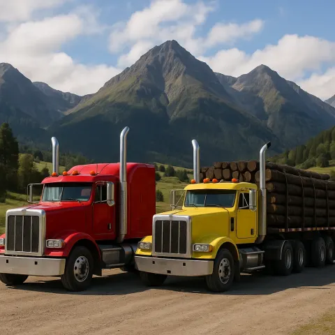 Two Trucks Parked in a Mountainous Rural Area