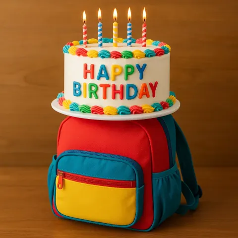 Vibrant Backpack Placed Beneath a Layered Birthday Cake