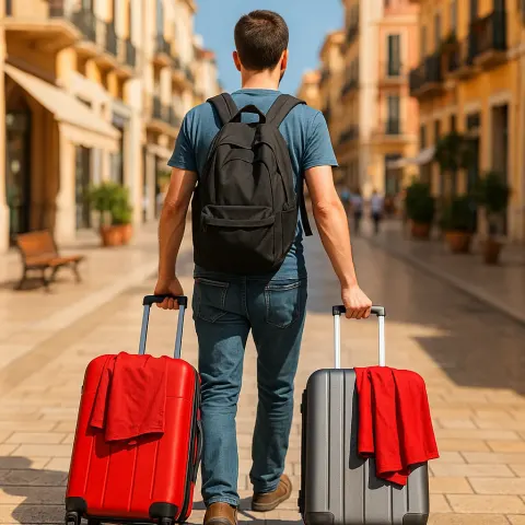 Man Wearing a Backpack Walks Along a Sunny Pedestrian Street