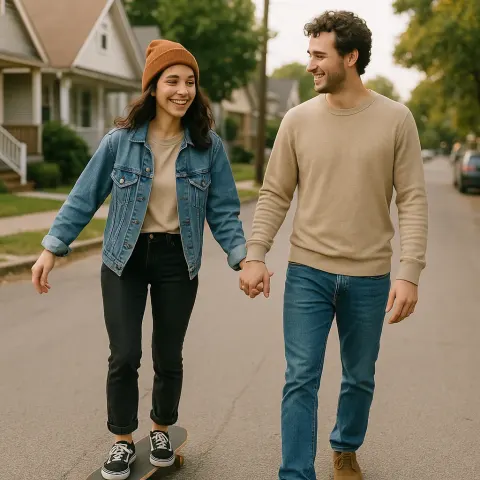 Young Woman Skateboarding on a Residential Street While Holding Hands