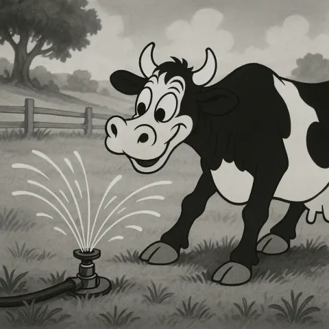 Black-and-white Animated Scene Showcasing a Playful Cow Amusing Itself