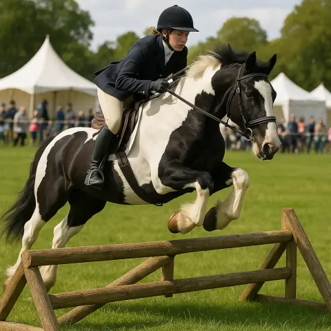 Rider on a Black-and-white Horse Jumps