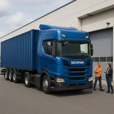 Blue Scania Semi-truck Parked Outside a Warehouse