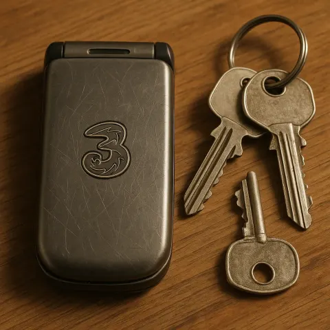 Metallic Flip Phone with a "3" Logo