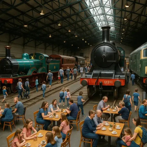 Bustling Indoor Railway Museum with Vintage Trains