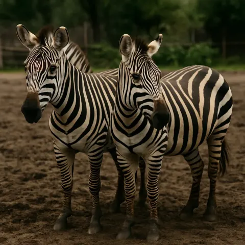 Two Zebras Standing Side by Side in a Muddy Enclosure