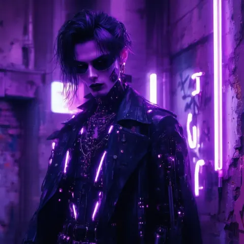 Neonpunk Vampire Amid Glowing Urban Decay