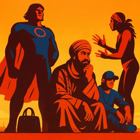 Four Figures Rendered in Bold Solid Colors Dominate the Frame
